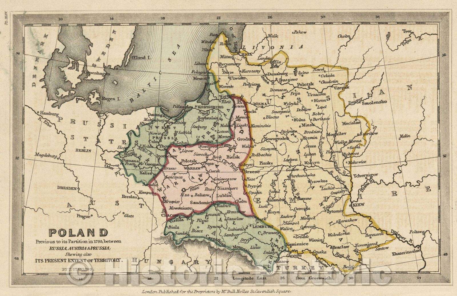 Historic Map : Poland previous to its Partition in 1795 between Russia, Austria and Prussia Shewing also its present extent of its territory., c. 1830 , Vintage Wall Art
