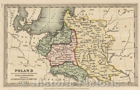 Historic Map : Poland previous to its Partition in 1795 between Russia, Austria and Prussia Shewing also its present extent of its territory., c. 1830 , Vintage Wall Art