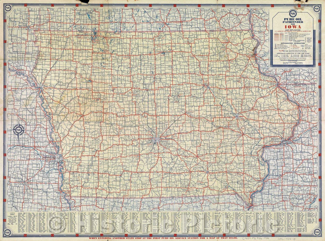 Historic Map : Pure Oil Pathfinder for Iowa, 1937 , Vintage Wall Art