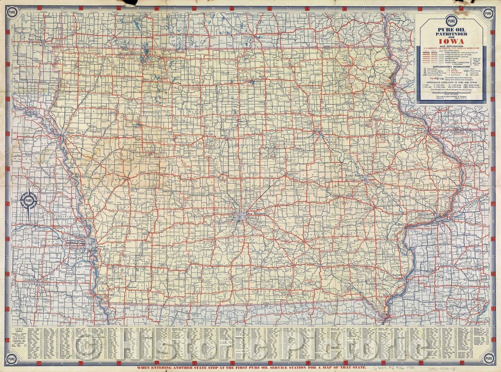 Historic Map : Pure Oil Pathfinder for Iowa, 1937 , Vintage Wall Art