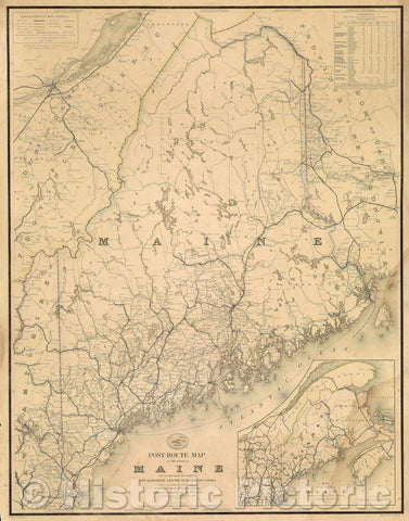 Historic Map : Post Route Map of the State of Maine and of the Adjacent Parts of New Hampshire and the Dominion of Canada, 1869 , Vintage Wall Art