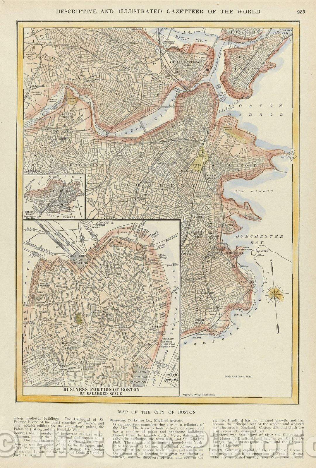 Historic Map : Map of the City of Boston, 1905 , Vintage Wall Art