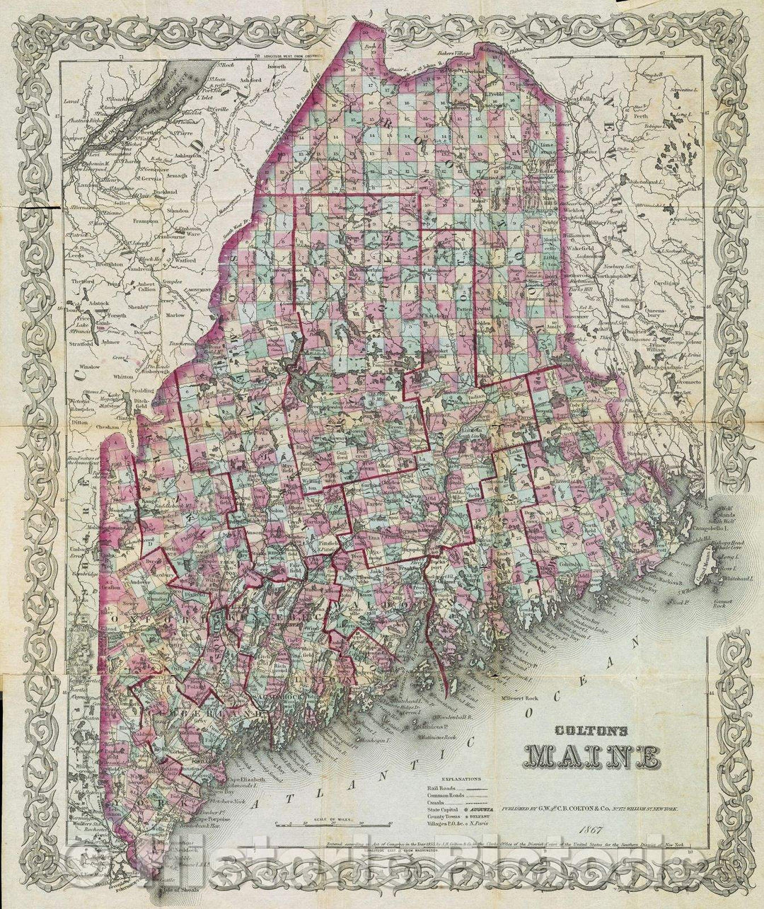 Historic Map : Colton's Maine, 1867 , Vintage Wall Art