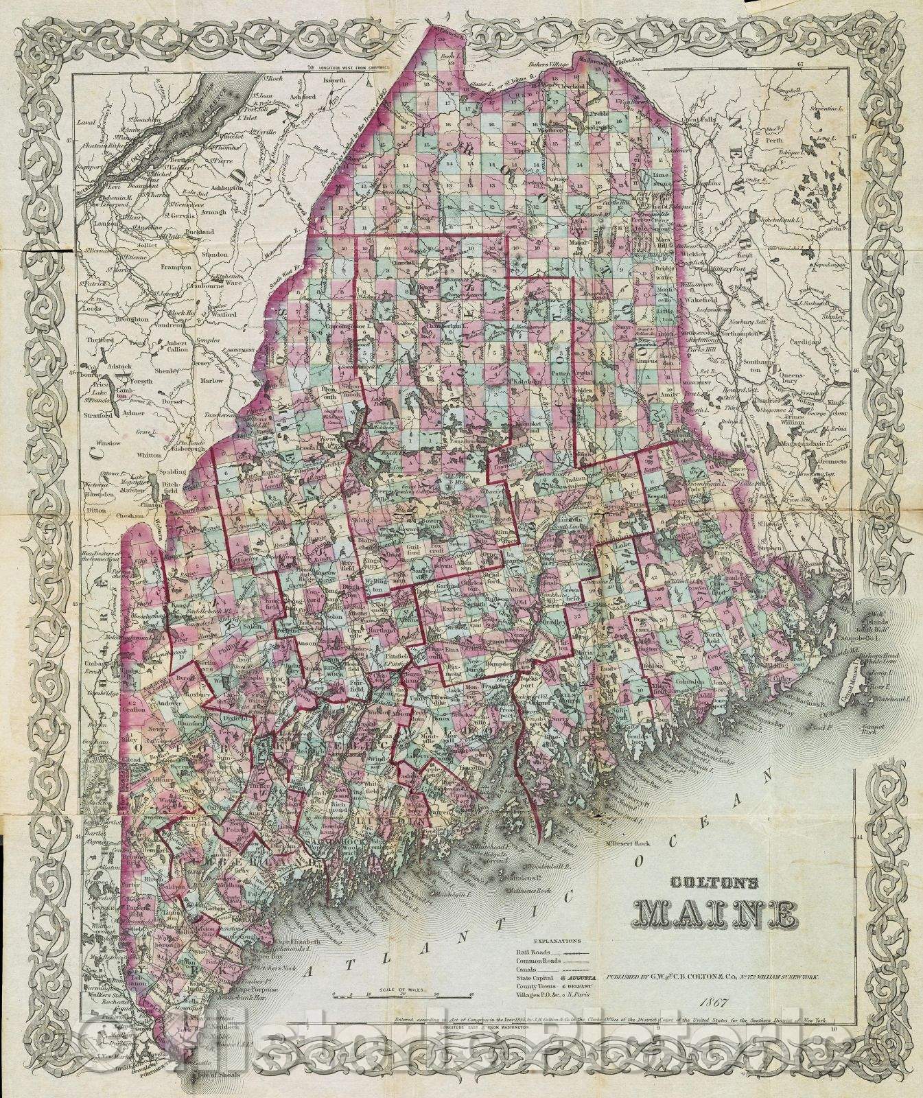 Historic Map : Colton's Maine, 1867 , Vintage Wall Art
