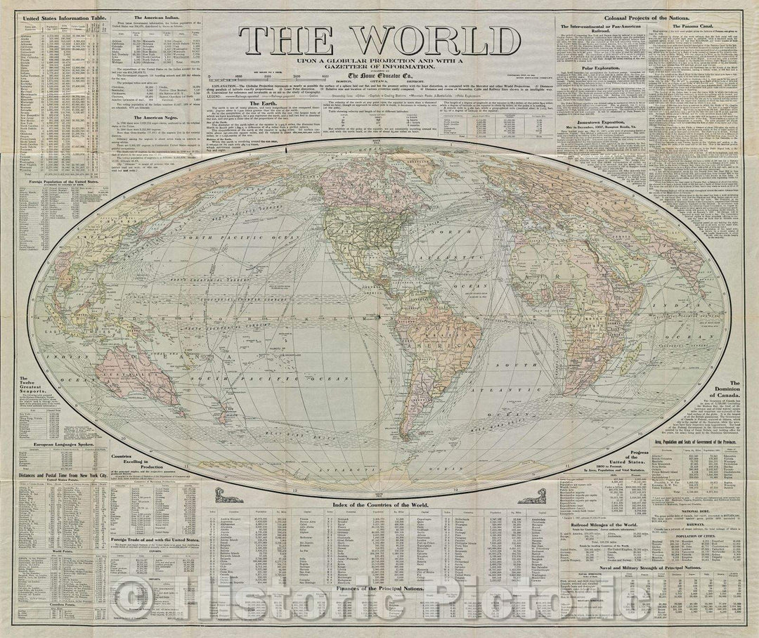 Historic Map : The World : upon globular projection and with a gazetteer of information, 1907 , Vintage Wall Art