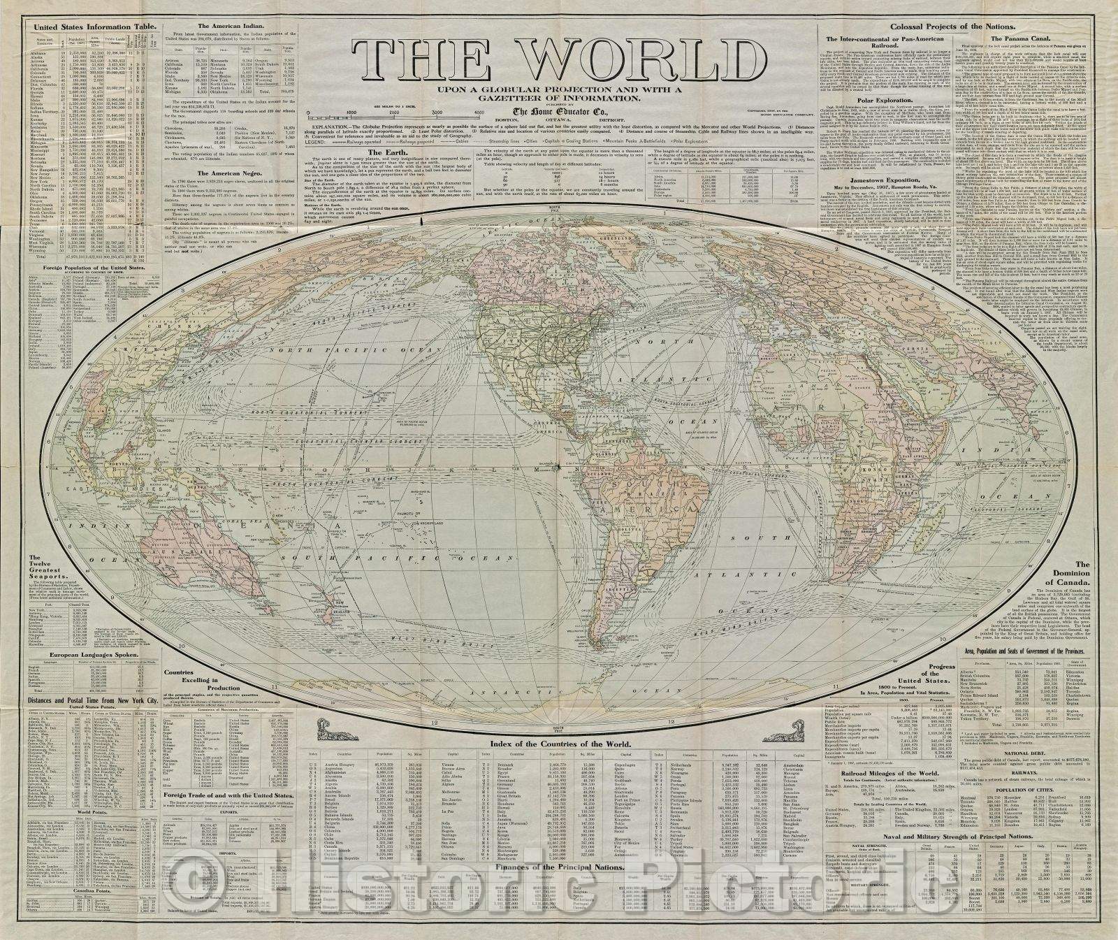 Historic Map : The World : upon globular projection and with a gazetteer of information, 1907 , Vintage Wall Art