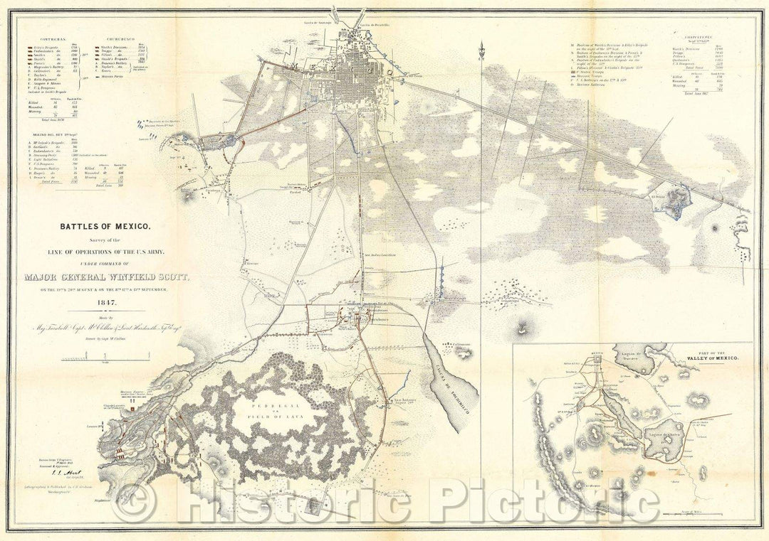 Historic Map : Battles of Mexico.  Survey of the Lines of Operations of the U.S. Army under command of General Winfield Scott, 1848 , Vintage Wall Art