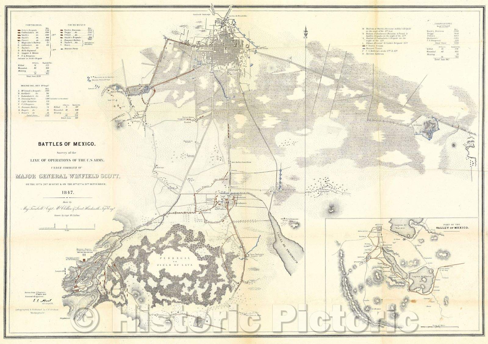 Historic Map : Battles of Mexico.  Survey of the Lines of Operations of the U.S. Army under command of General Winfield Scott, 1848 , Vintage Wall Art
