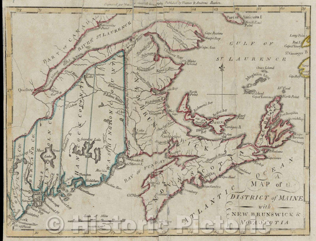 Historic Map : Map of the District of Maine with New Brunswick and Nova Scotia, 1796 , Vintage Wall Art