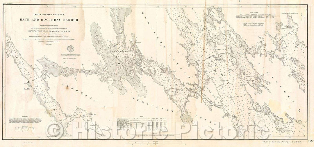 Historic Map : Inside Passage between Bath and Boothbay Harbor, 1884 , Vintage Wall Art