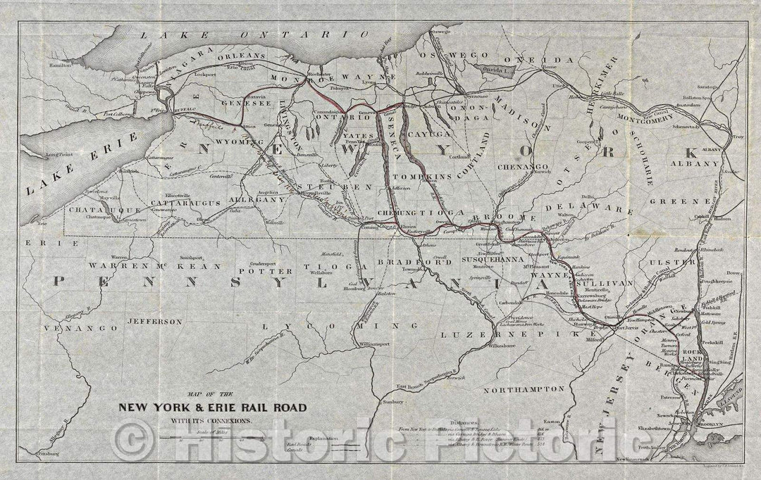 Historic Map : Map of the New York and Erie Rail Road with its Connexions, 1851 , Vintage Wall Art