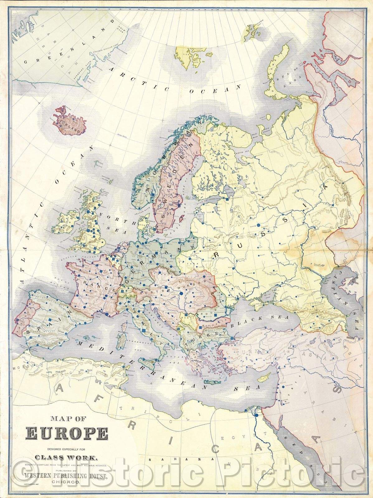 Historic Map : Sheet from Yaggy's  Geographical Study: "Map of Europe Designed Especially for Class Work", 1887 , Vintage Wall Art