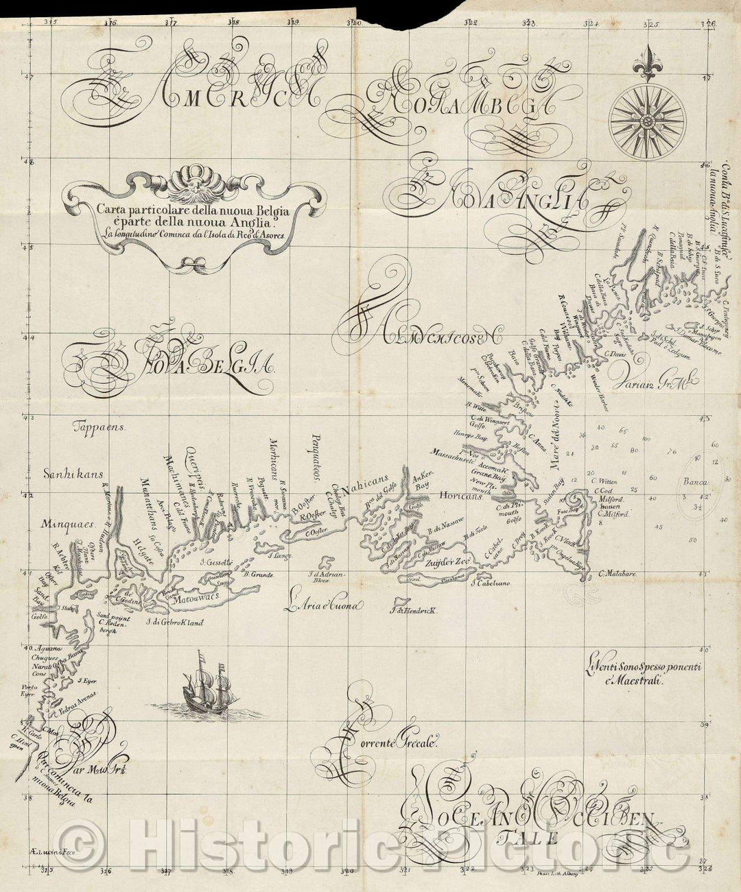 Historic Map : Carta particolare della nuoua Belgia e parte della nuoua Anglia : La longitudine Cominca da l'Isola di Pico d'Asores, 1899 , Vintage Wall Art