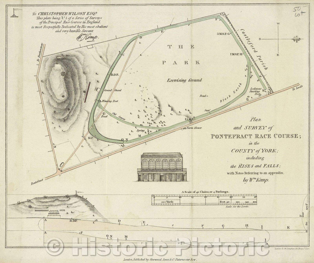 Historic Map : Plan and Survey of Pontefract Race Course; in the County of York including the Rises and Falls; with Notes Referring to an appendix, by Wm. Kemp., 1825 , Vintage Wall Art