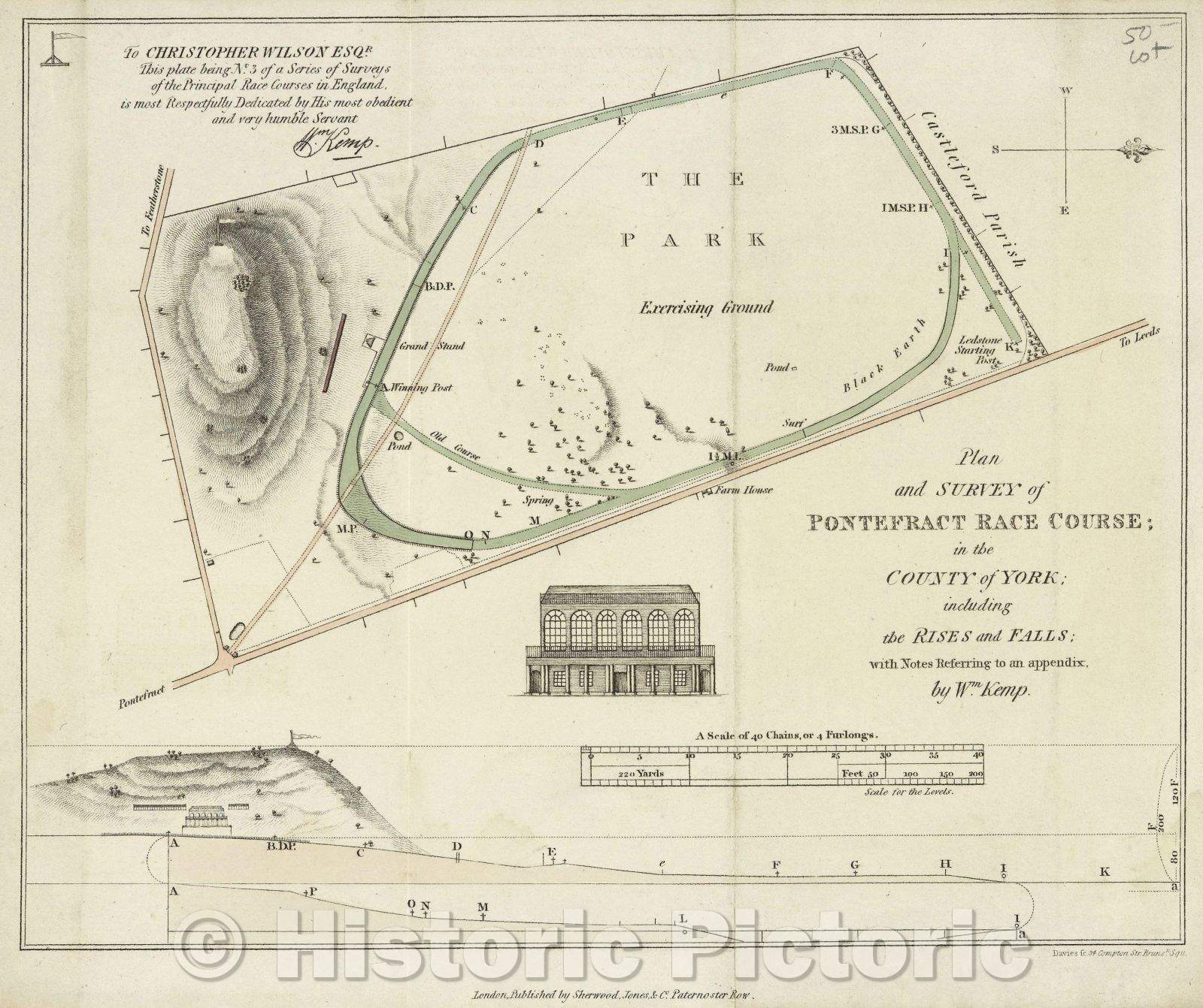 Historic Map : Plan and Survey of Pontefract Race Course; in the County of York including the Rises and Falls; with Notes Referring to an appendix, by Wm. Kemp., 1825 , Vintage Wall Art