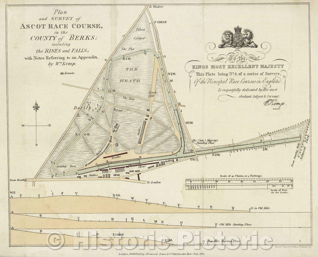 Historic Map : Plan and Survey of Ascot Race Course in the County of Berks; including the Rises and Falls; with Notes Referring to an Appendix by Wm. Kemp., 1824 , Vintage Wall Art