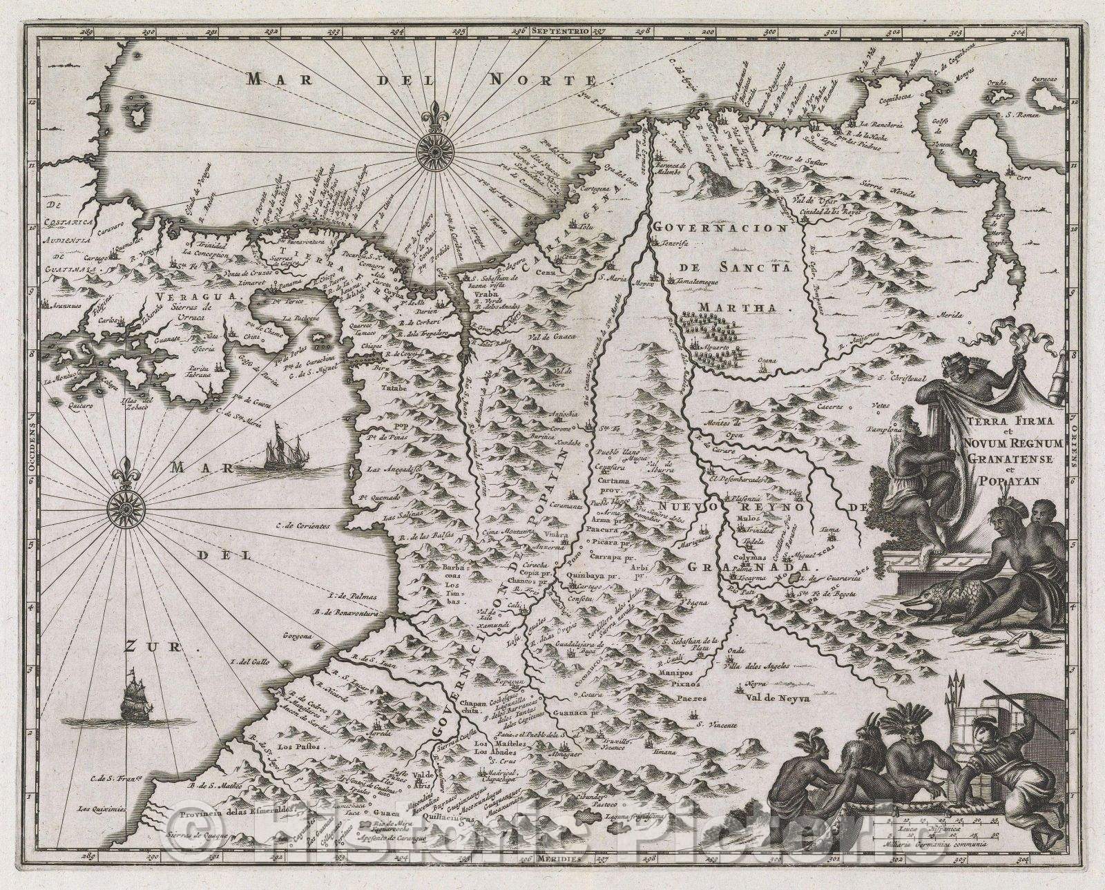 Historic Map : Terra Firma et Novum Regnum Granatense et Popayan., 1670 , Vintage Wall Art