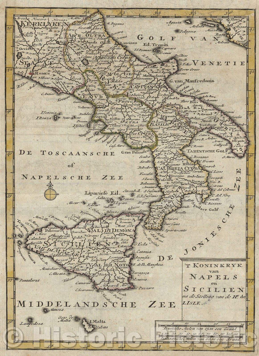 Historic Map : T Koninkryk van Napels en Sicilien, 1700 , Vintage Wall Art