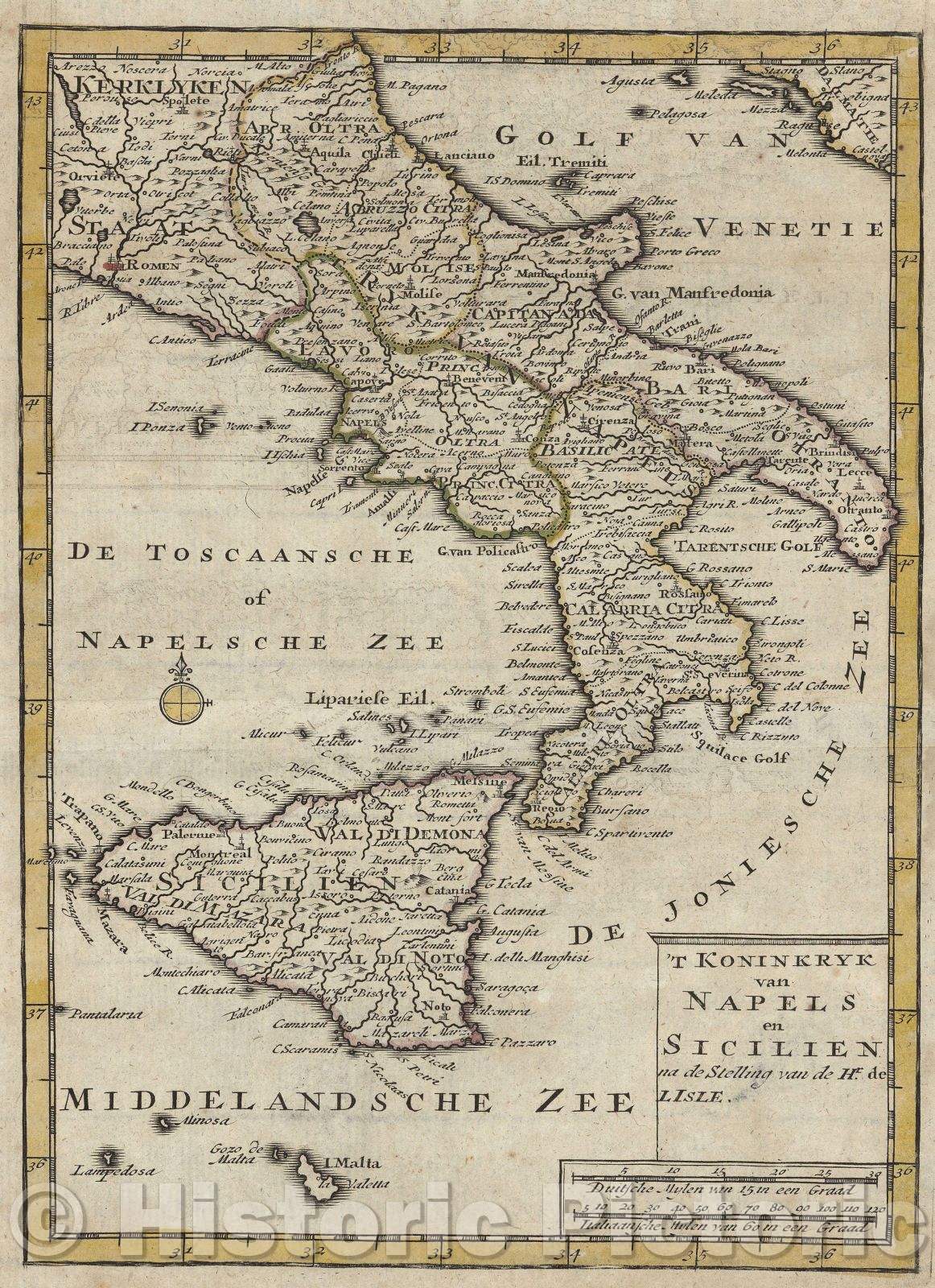 Historic Map : T Koninkryk van Napels en Sicilien, 1700 , Vintage Wall Art