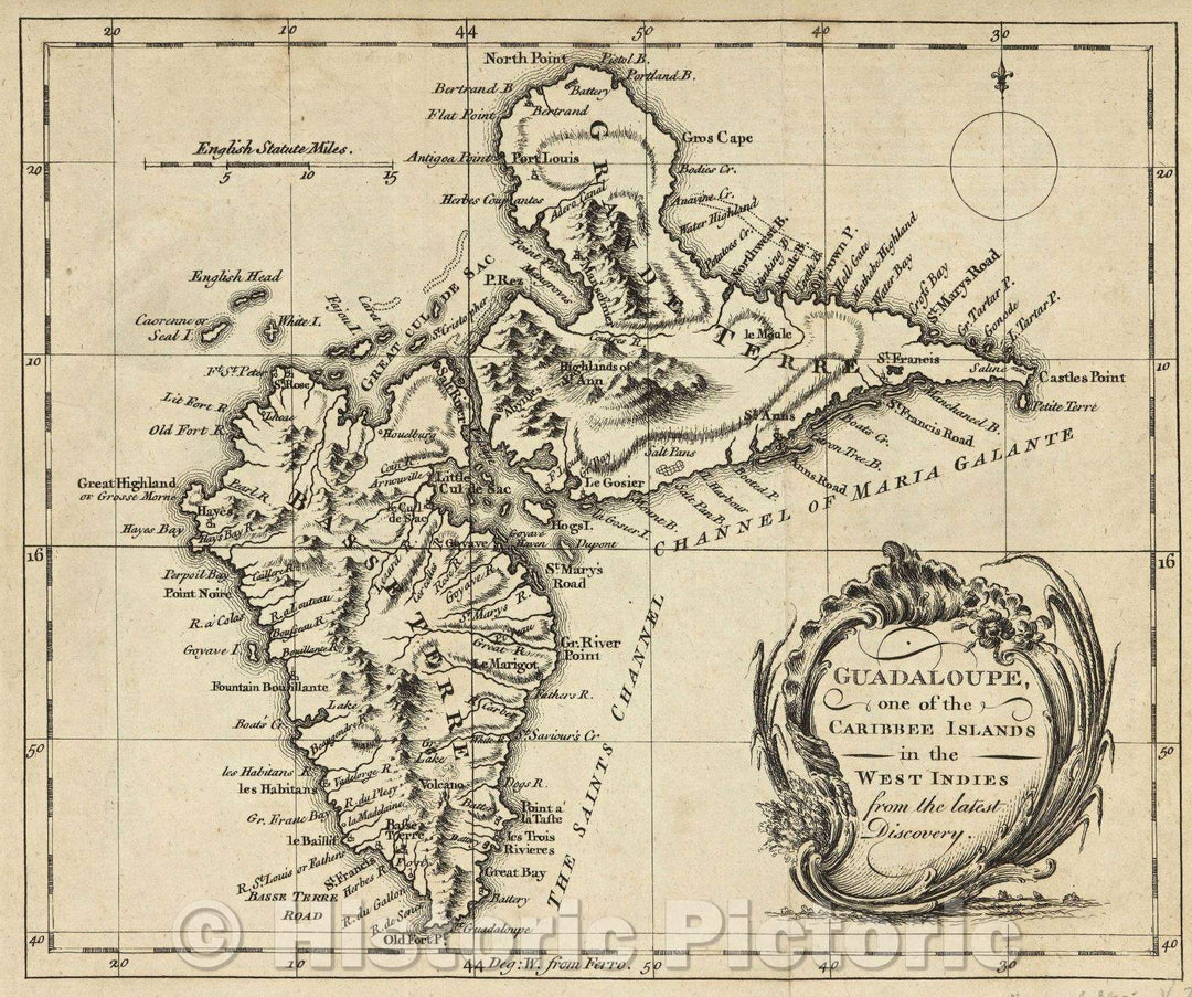 Historic Map : Guadaloupe, one of the Caribee Islands in the West Indies from the latest Discovery, 1759 , Vintage Wall Art