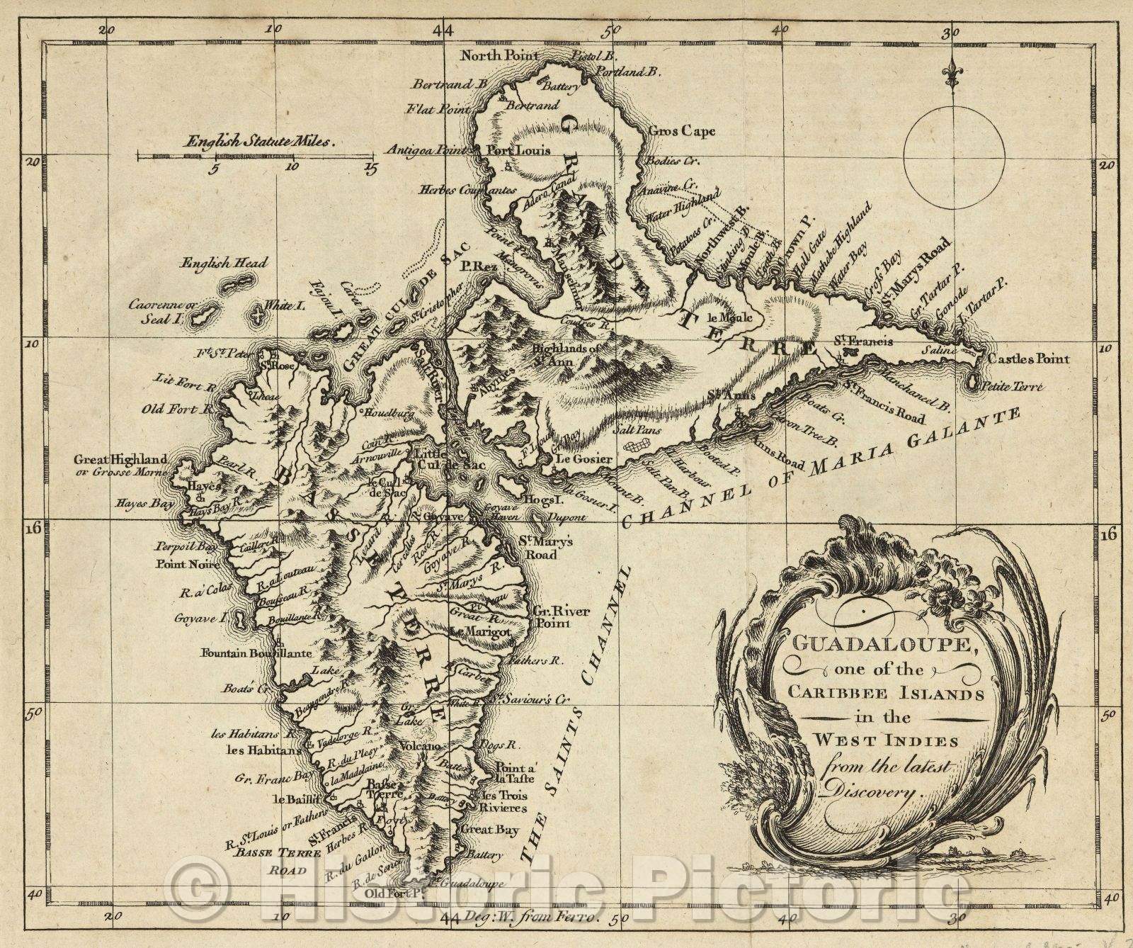 Historic Map : Guadaloupe, one of the Caribee Islands in the West Indies from the latest Discovery, 1759 , Vintage Wall Art