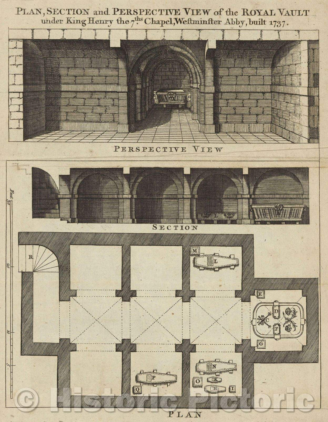 Historic Map : Plan, Section and Perspective View of the Royal Vault under King Henry the 7th's Chapel, Westminster Abbey, built 1737, 1760 , Vintage Wall Art
