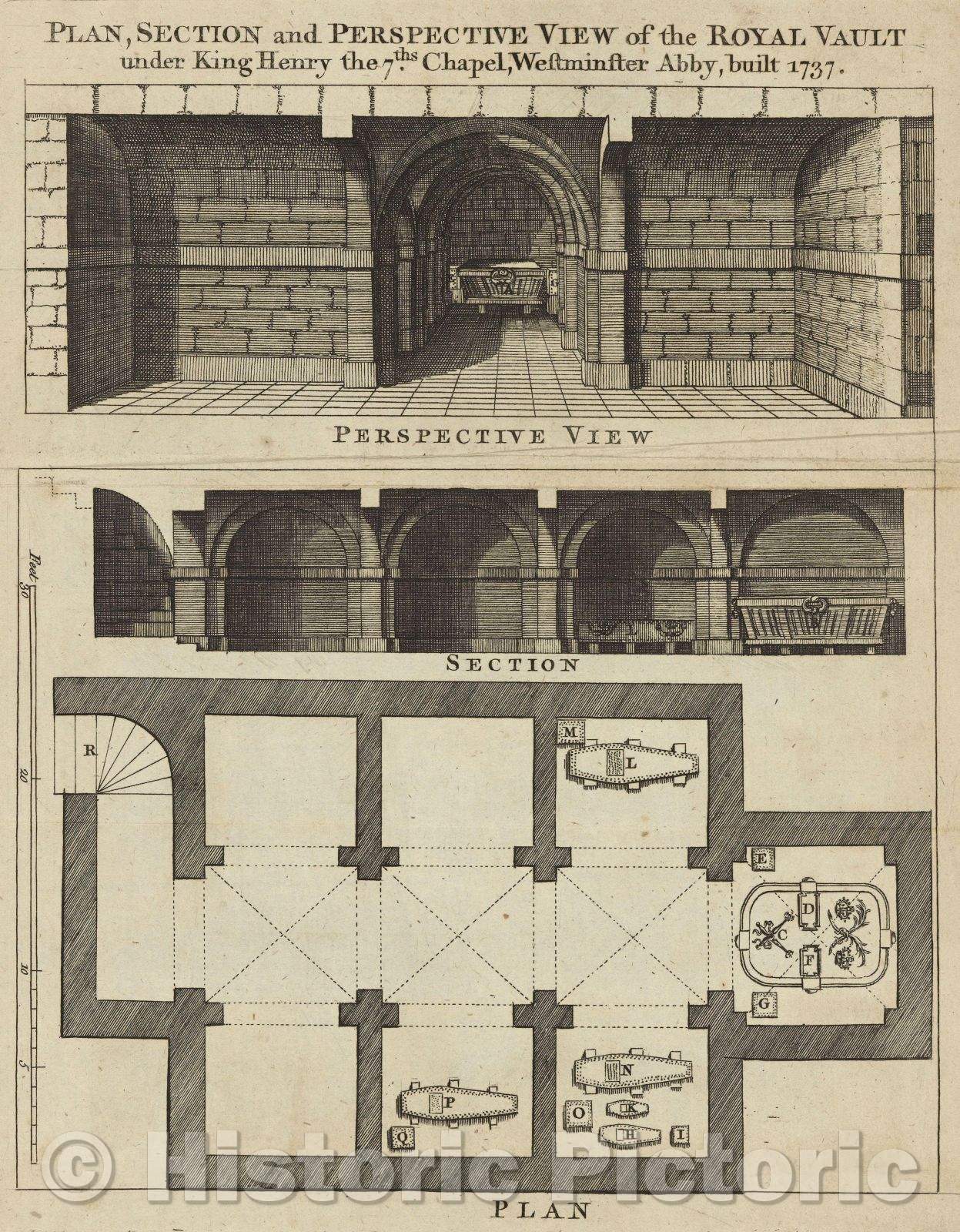 Historic Map : Plan, Section and Perspective View of the Royal Vault under King Henry the 7th's Chapel, Westminster Abbey, built 1737, 1760 , Vintage Wall Art
