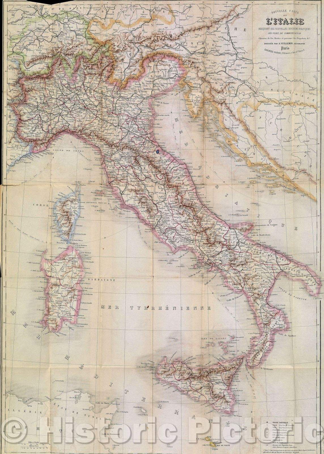 Historic Map : Nouvelle Carte de l'Italie  indiquant ses nouvelle divisions politiques, ses voies de communication, chemins de fer, routes et parcours de Paqubots, 1861 , Vintage Wall Art