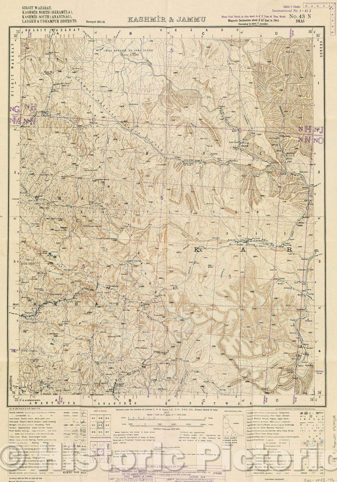 Historic Map : Kashmir and Jammu, 1943 , Vintage Wall Art , v2