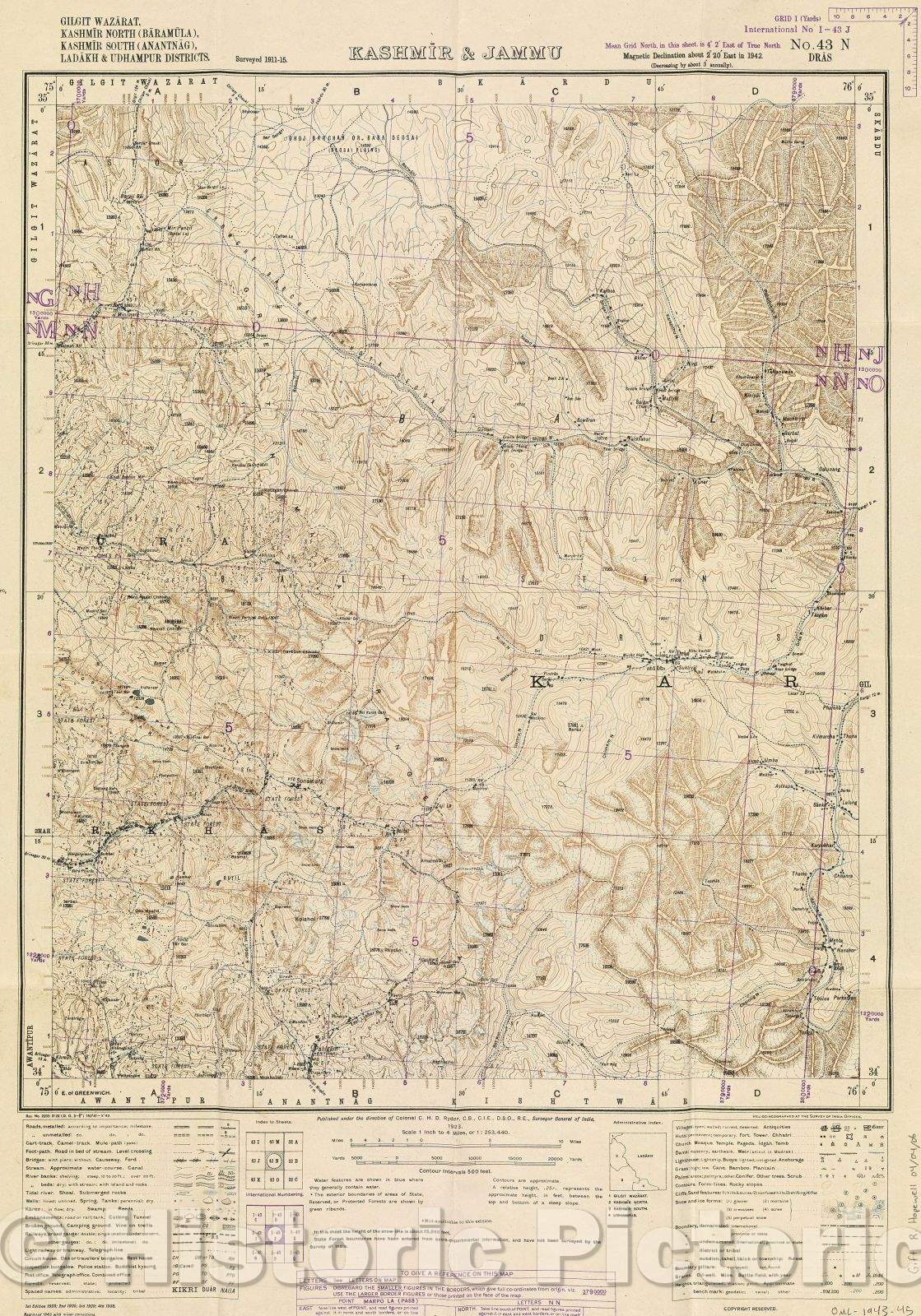 Historic Map : Kashmir and Jammu, 1943 , Vintage Wall Art , v2