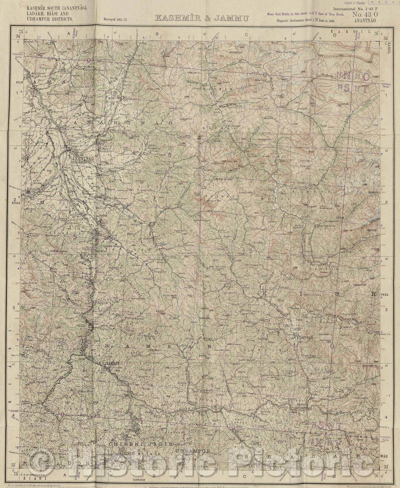 Historic Map : Kashmir and Jammu, 1944 , Vintage Wall Art