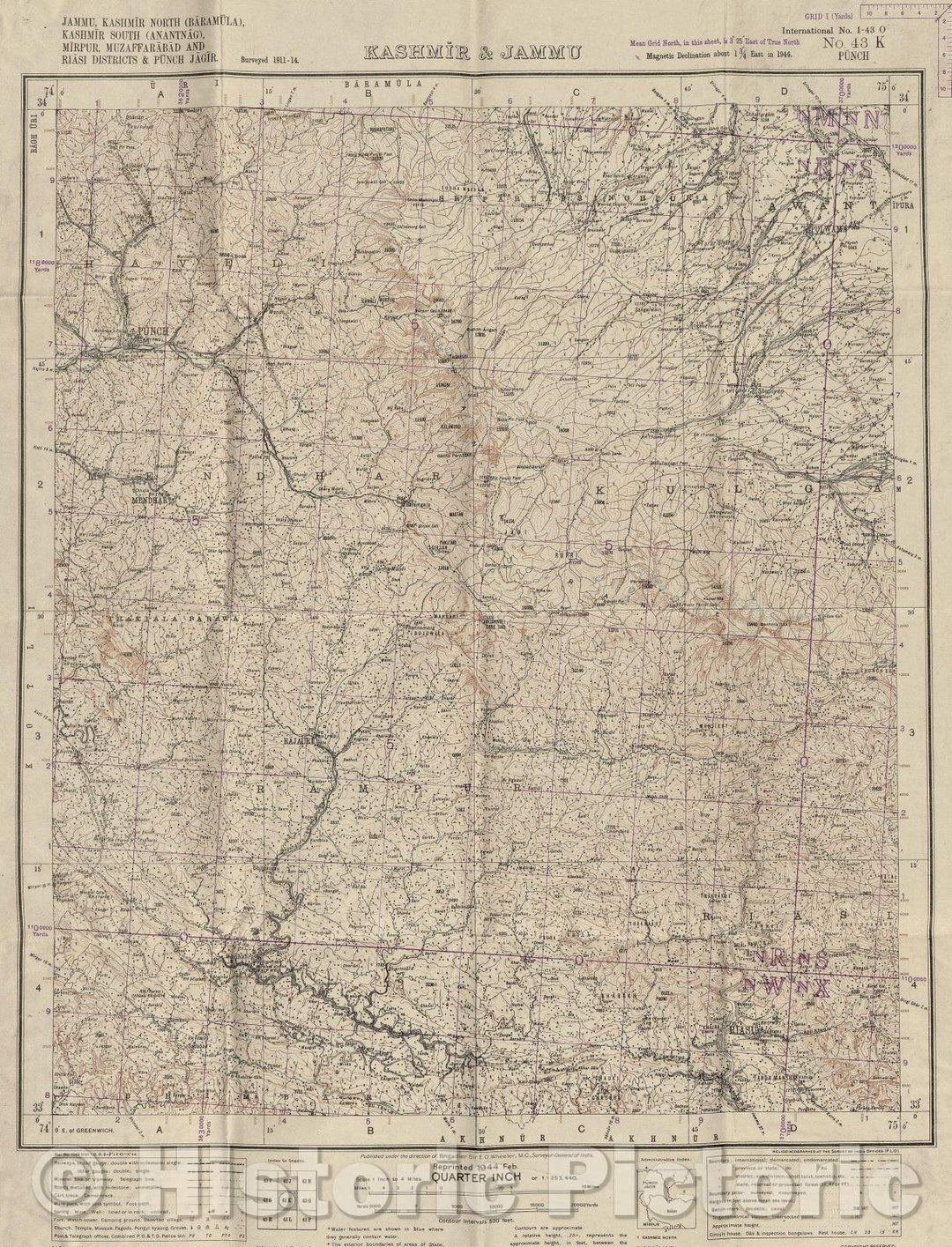 Historic Map : Kashmir and Jammu, 1943 , Vintage Wall Art