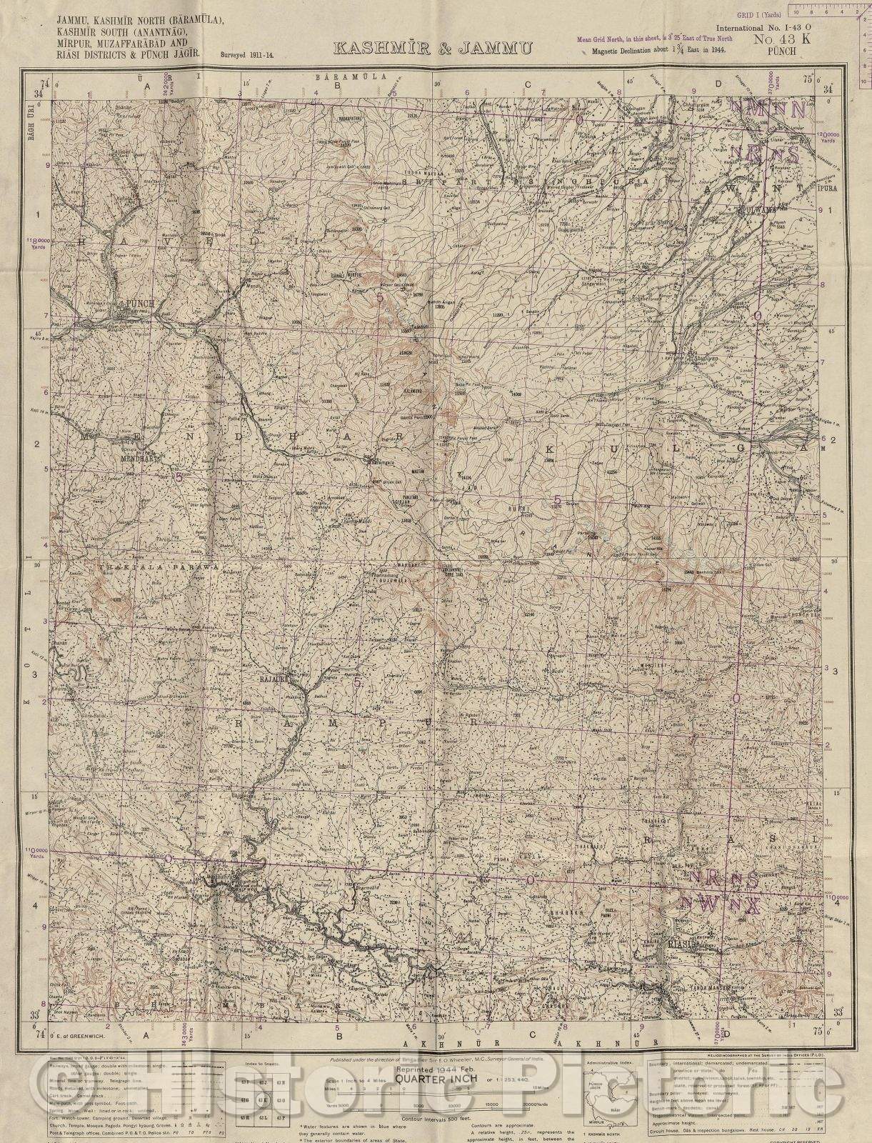 Historic Map : Kashmir and Jammu, 1943 , Vintage Wall Art