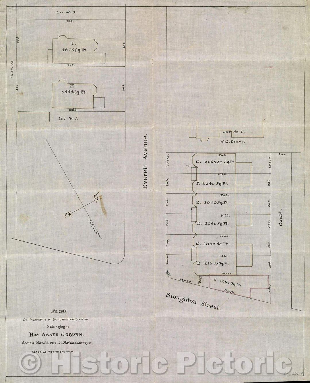 Historic Map : Plan of Property in Dorchester, Boston, belonging to Hon. Abner Coburn., 1877 , Vintage Wall Art