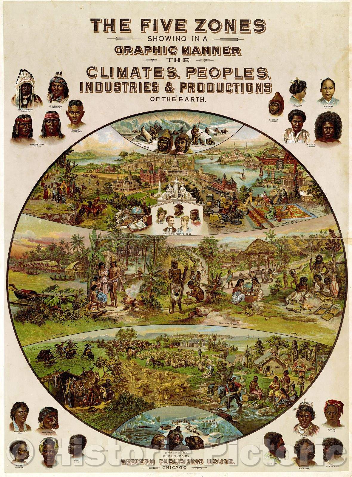 Historic Map : The Five Zones Showing in a Graphic Manner the Climates, Peoples, Industries and Productions of the Earth, 1887 , Vintage Wall Art