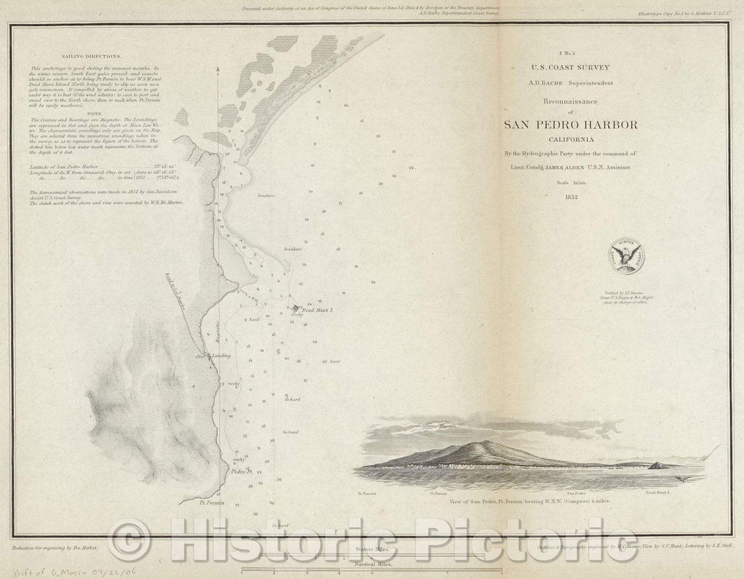 Historic Map : Reconnaissance of San Pedro Harbor, California U.S. Coast Survey by the Hydrographic Party under the command of Lieut. Comdg. James Alden, U.S.N., 1852 , Vintage Wall Art