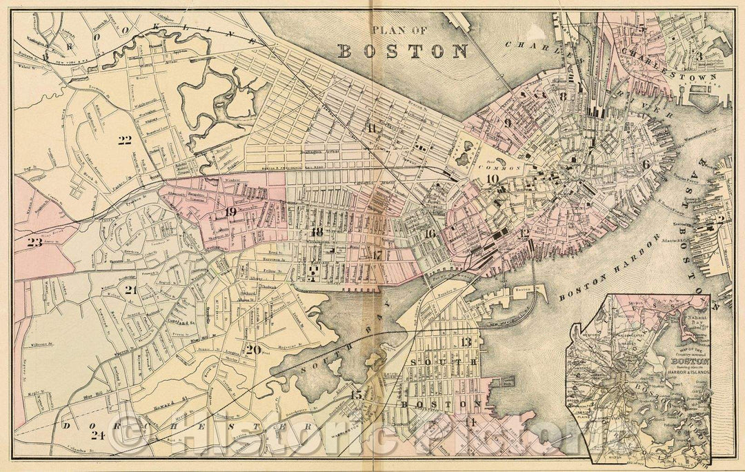 Historic Map : Plan of Boston, 1884 , Vintage Wall Art