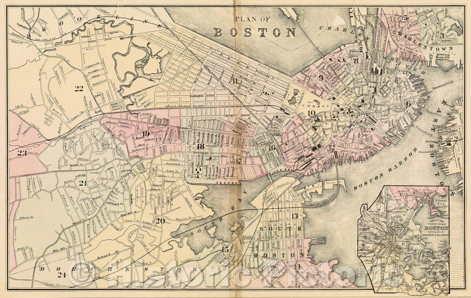 Historic Map : Plan of Boston, 1884 , Vintage Wall Art