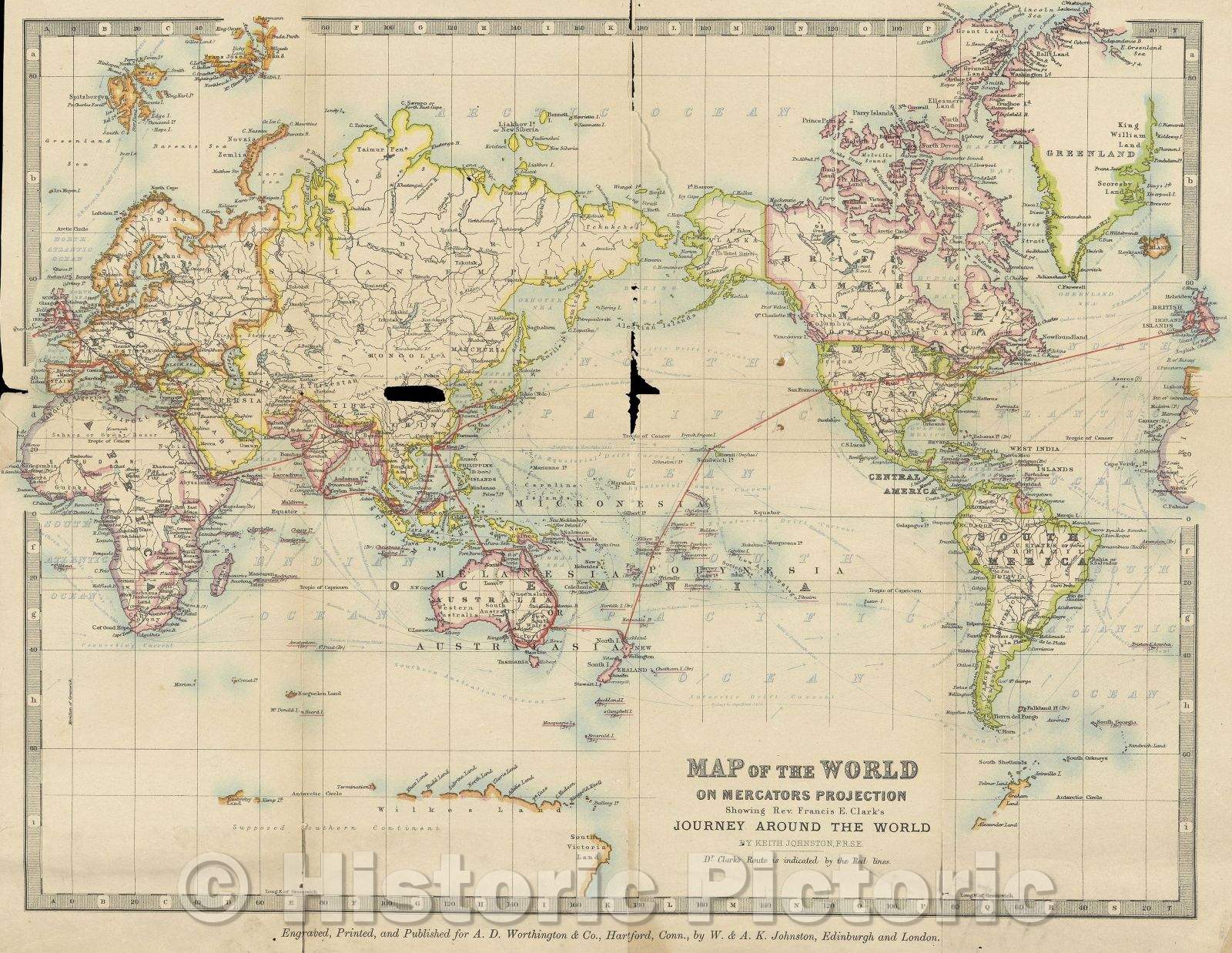 Historic Map : Map of the World on Mercator's Projection Showing Reverend Francis E. Clark's Journey around the World, 1895 , Vintage Wall Art