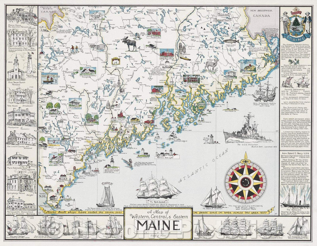 Historic Map : Map of Western, Central, and Eastern Maine, 1952 , Vintage Wall Art