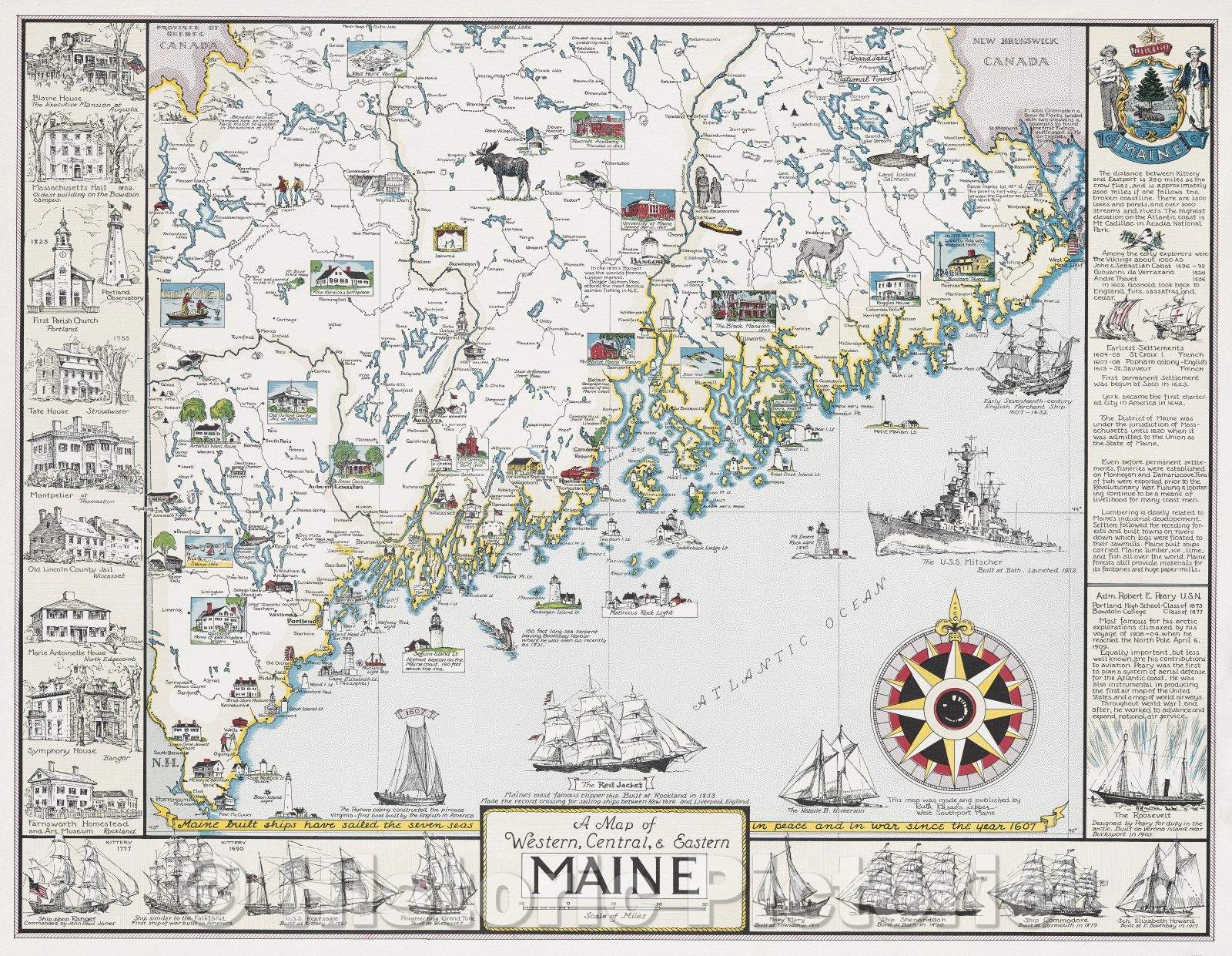 Historic Map : Map of Western, Central, and Eastern Maine, 1952 , Vintage Wall Art