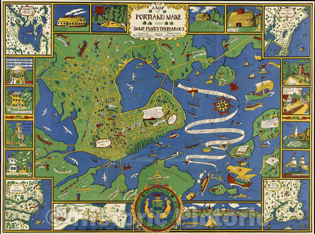 Historic Map : A Map of Portland Maine and some places thereabout 1928 Copyright 1928 The Tudor Press Boston Published by Portland Baby Hygiene and Child Welfare Ass, 1928 , Vintage Wall Art