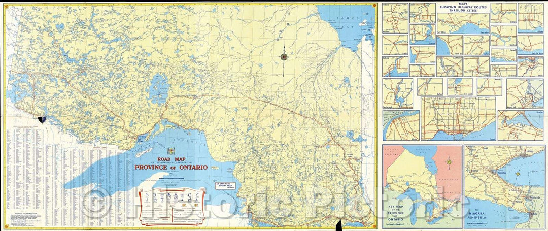 Historic Map : Ontario, Official Road Map: issued 1953, 1953 , Vintage Wall Art
