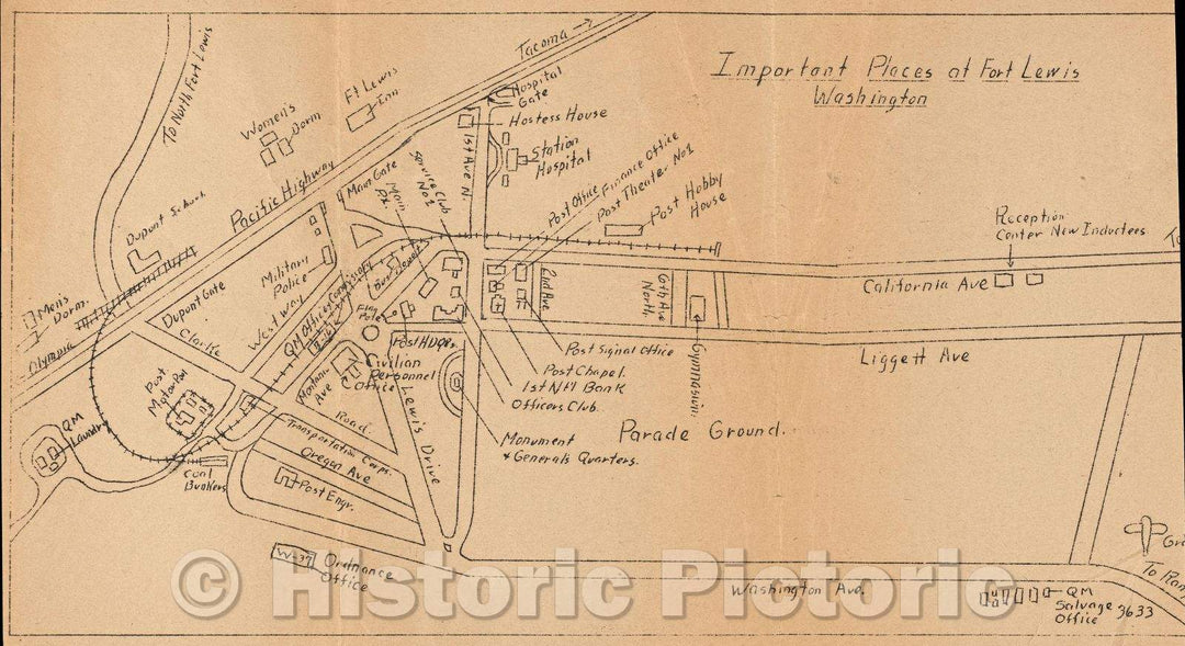 Historic Map : Important Places of Fort Lewis Washington, c. 1910 , Vintage Wall Art