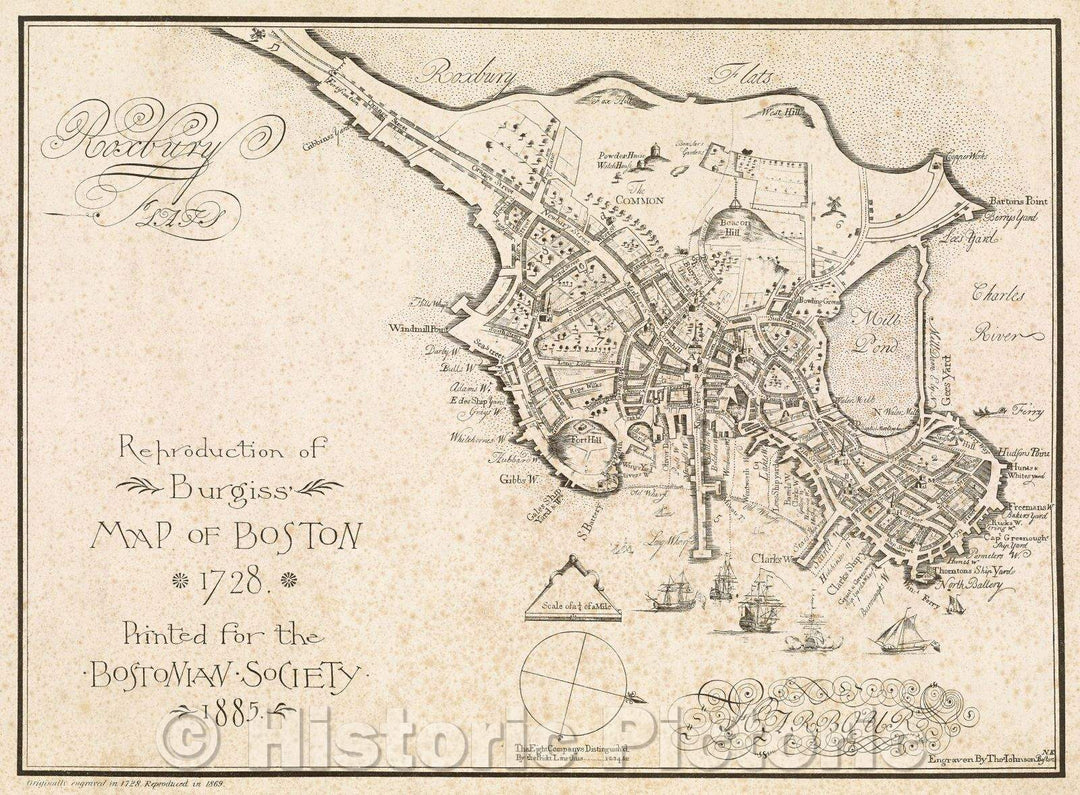 Historic Map : Reproduction of Burgiss' Map of Boston 1728. Printed for the Bostonian Society. 1885., 1885 , Vintage Wall Art