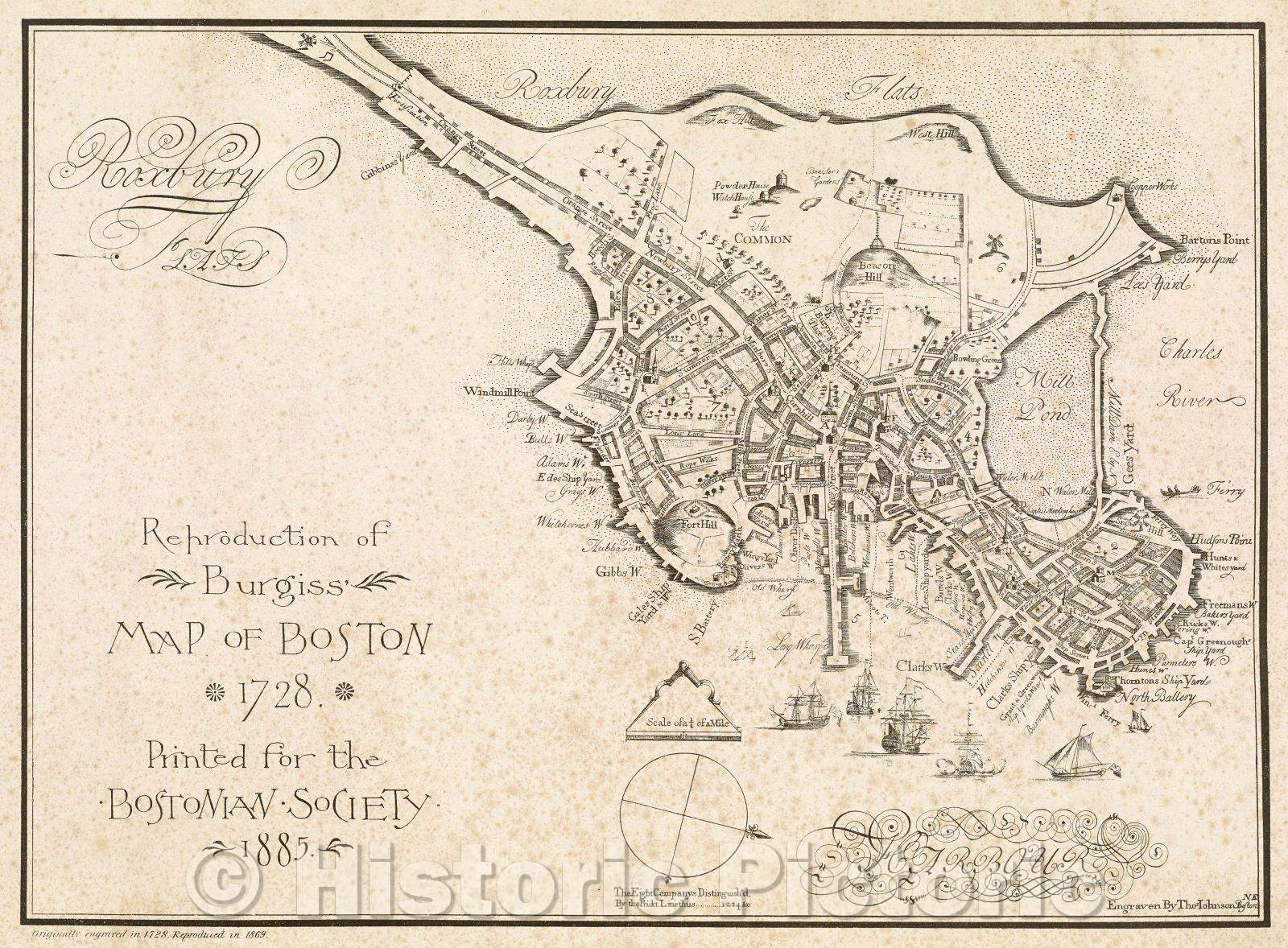 Historic Map : Reproduction of Burgiss' Map of Boston 1728. Printed for the Bostonian Society. 1885., 1885 , Vintage Wall Art
