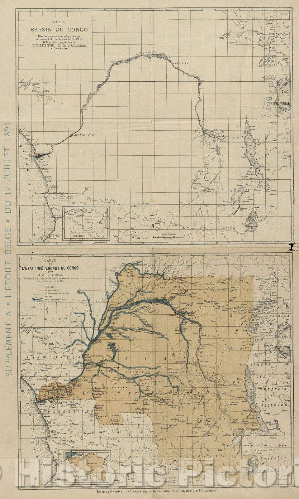Historic Map : Carte De Bassin Du Congo; Carte De L'etat Independent Du Congo, 1891 , Vintage Wall Art , v2