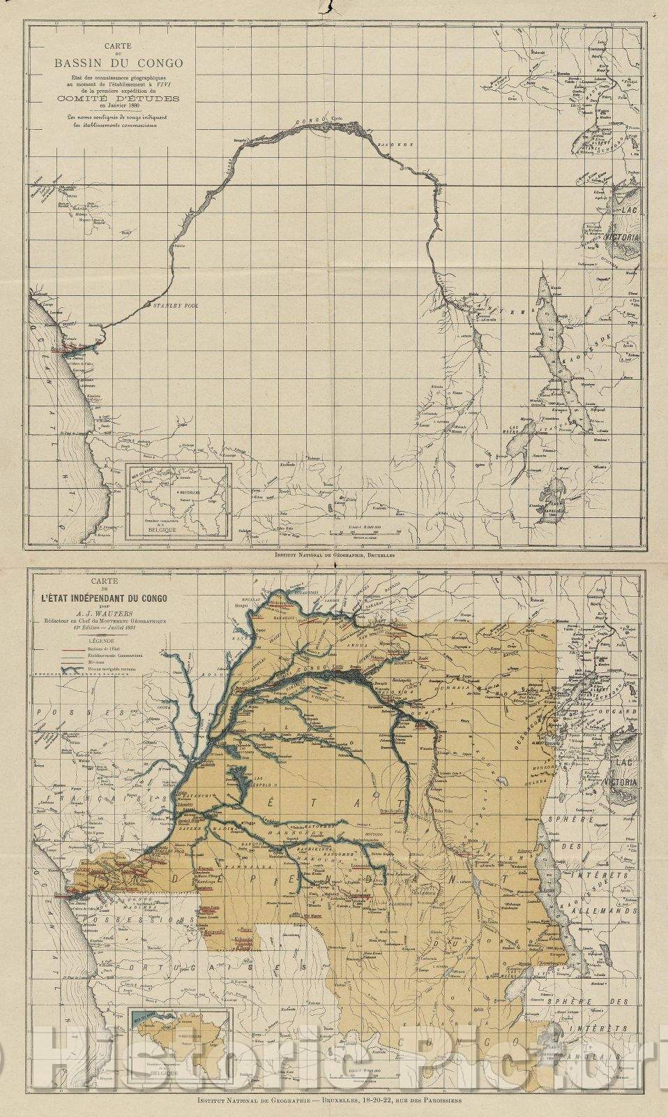 Historic Map : Carte De Bassin Du Congo; Carte De L'etat Independent Du Congo, 1891 , Vintage Wall Art