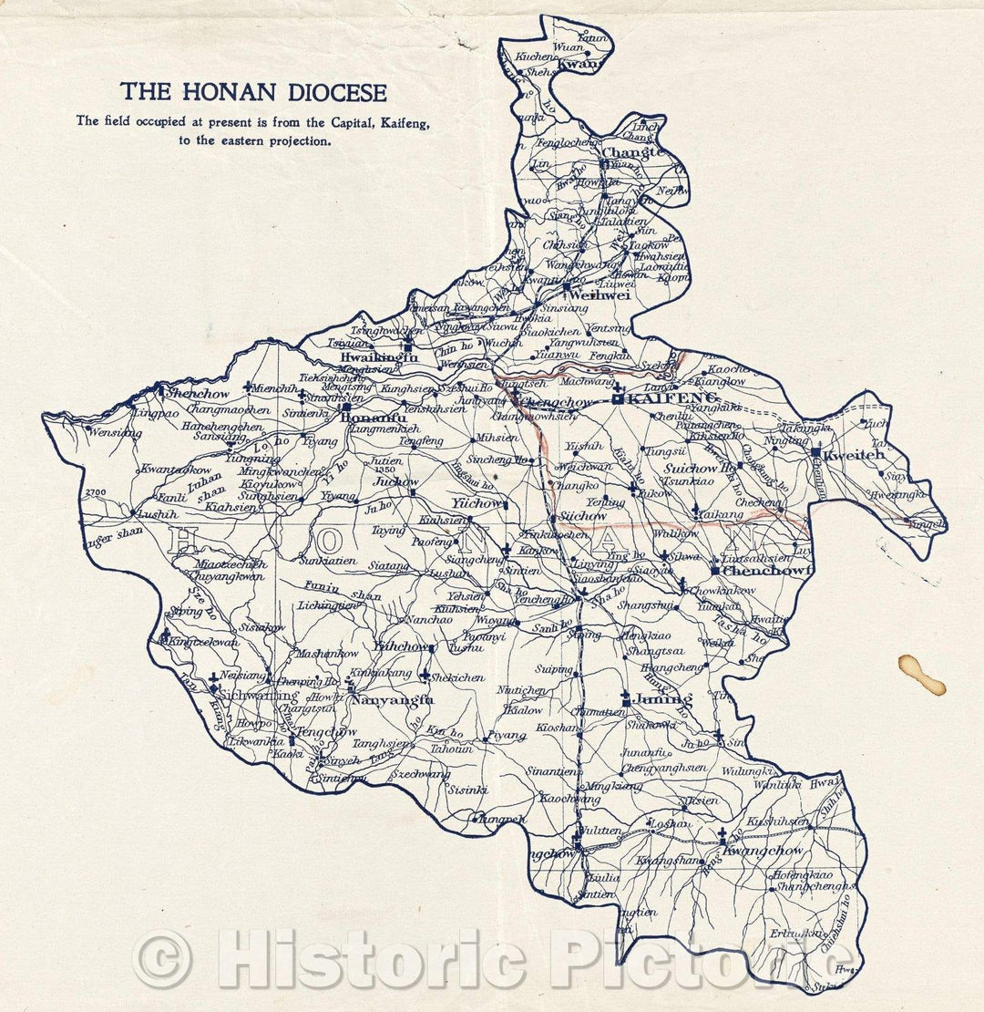 Historic Map : The Honan Diocese : The field occupied at present is from the Capital, Kaifeng, to the eastern projection., c. 1930 , Vintage Wall Art