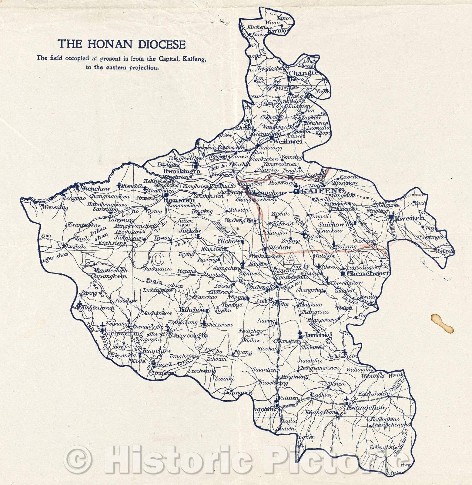 Historic Map : The Honan Diocese : The field occupied at present is from the Capital, Kaifeng, to the eastern projection., c. 1930 , Vintage Wall Art
